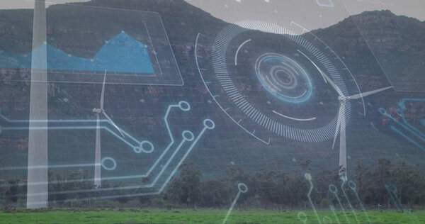 Выделение белой ветряной турбины на равнине ниже скалистых гор с кольцевыми следами, линейная диаграмма HUD. Возобновляемые источники энергии, устойчивость, экологически чистые, футуристические, технологии, чистая энергия, окружающая среда