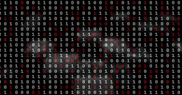 Akıcı beyaz ve kırmızı ikili haneler koyu dijital ekranda, katmanlı örtülü ızgara oluşturur. Teknoloji, veri, siber güvenlik, yenilik, otomatik, görselleştirme, ağ