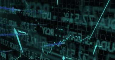 Kod parçacıkları 3D render boyunca sürükleniyor, cyan grafiği yükseliyor ve bullish market trendini gösteriyor. Finans, veri görselleştirme, dijital arayüz, borsa, ticaret, analitik, teknoloji