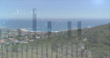 Yamaçta hava görüntüsü aktifleştiriliyor ve çubuklar ayarlanıyor ve çizgi grafikleri eğilimleri gösteriyor. Manzara, hava, veri görselleştirme, analitik, manzara, teknoloji, finans