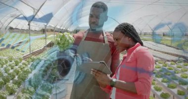 İki tarım teknisyeni AR 'ın altında marul döndürüyor ve sağlık ölçümleri için tablet tıkırdatıyor. Hassas tarım, dijital tarım, akıllı teknoloji, çevre izleme, mahsul yönetimi, yenilik, modern bahçıvanlık