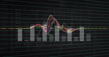 Izgara göründüğünde çubuklar somutlaşır ve renkli dalga biçimi yükselir, eğilimleri gösteren zirveler etiketlenir. Veri, görselleştirme, geleceksel, teknoloji, analitik, dijital, arayüz