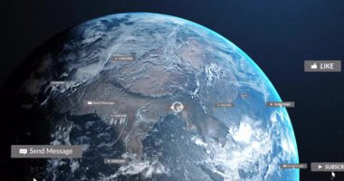 Asya üzerinde kaybolan sosyal medya açılışları başlatılıyor, kaybolan simgeleri gösteren dönen Dünya. Teknoloji, bağlantı, dijital, küresel, etkileşim, yenilik, ağ