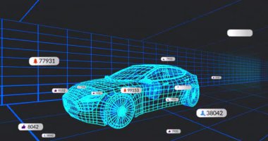 Aniden ortaya çıktıktan sonra, etiketler havada süzülüyor ve arabanın çevresindeki artan ölçümler sosyal gerilimi gösteriyor. Fütürist, dijital, teknoloji, sanal, sürükleyici, dinamik, siber