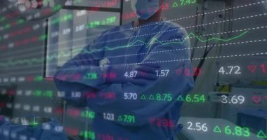 Kamera yukarı bakan cerrah ortaya çıkarırken borsa tabloları da finans eğilimlerini öne çıkarıyor. Tıbbi, profesyonel, güven, steril, klinik, teknolojik, veri