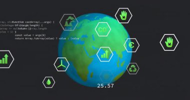 CastArray parçacığı tanımlanıyor. Sürdürülebilirlik verilerini güncelleyen simgelerin yörüngesindeki 3 boyutlu küre etrafında dönmeye başlıyor. Etkileşimli, görselleştirme, dijital, çevresel, veri, geleceksel, teknoloji