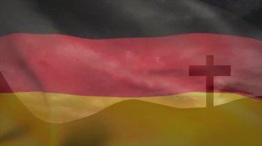 Düz görünen bayrak, sonra esinti alan dalgalar halinde dalgalanan ve çapraz silueti aydınlatan. Vatanseverlik, soyutlama, hareket, kumaş, sembolizm, dijital sanat, doku