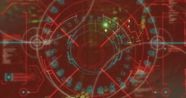 Kırmızı HUD görünüyor, dönen halkalar simgeleri süpürüyor, paneller kilitleniyor, taramayı tamamlıyor. Gelecek, teknoloji, arayüz, siber, dijital, tarama, aydınlatma