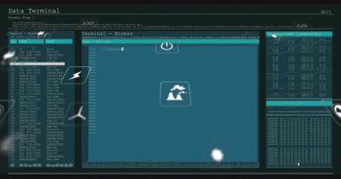 İmleç merkez panelde görünür ve konuşlandırılır, geçiş panelleri işaretlenir ve simgeler sürüklenir. Gelecekçi, siber güvenlik, veri, teknoloji, arayüz, dijital, hack
