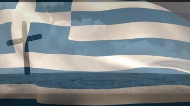 Yunan ulusal bayrağı sürekli esinti, dalgalanma ve dalgalanma içinde denizin ve gökyüzünün üzerinde dalgalanıyor. Vatanseverlik, denizcilik, ulusal gurur, hareket, minimalist, dijital, vatansever