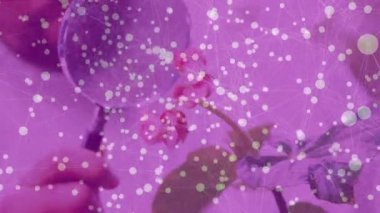 Orkide yaprakları üzerinde büyüteç tutan araştırmacı ve eğitim için küçük detayları açıklıyor. Botanik, mikroskop, bilimsel, araştırma, inceleme, yenilik, laboratuvar