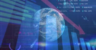 Büyüyen çubukları ve azalan oku gösteren 3 boyutlu bir küre ile açıyorum. Dijital, veri, analitik, görselleştirme, ekonomik, finans, teknoloji