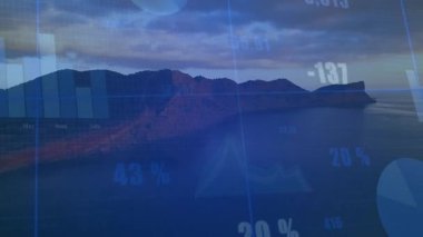 Sahil yamacının görüntüsü açılıyor. Canlandırma verileri üst üste koyuyor, ölçümleri güncelleyen çubuklar değişiyor. Hava, görselleştirme, analitik, dijital, manzara, minimalist, veri güdümlü