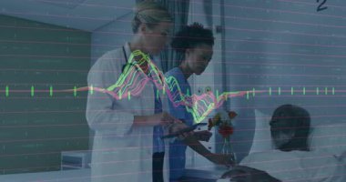 ECG 'nin hastayı rahatlattığını gösteren bir doktor var. Serum pompasını bakıma ayarlıyor. Tıbbi, sağlık, klinik, profesyonel, tanı, terapi, bağlantı