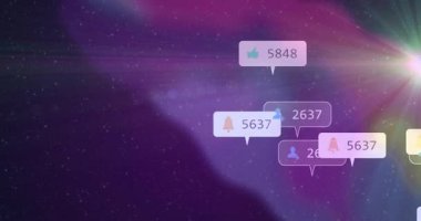 Mor nebulada açılıyor, bildirim simgeleri içeri kayıyor, yükseliyor, sürüş çarpışması azalıyor. Kozmik, fütürist, enerjik, soyut, dijital, dinamik, platform