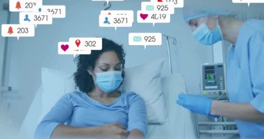 Hemşire şırıngayı hasta kolu olarak hazırlıyor ve sosyal ikonlar sağlık sahnesinde çoğalıyor. Sağlık, sağlık, hastane, bakım, teşhis, klinik, sağlık