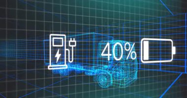İkon şarj edildiğinde, pil seviyesi yükselirken düşerken, kablo grafiği ekolojik döngüyü gösteriyor. Teknoloji, sürdürülebilirlik, dijital tasarım, yenilik, sanal çevre, enerji, ulaşım
