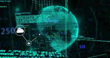 Dönen dünya açılıyor. Bulut kilidi kullanıcı aygıtı ve ağı bağlayan veri simgeleri canlandırılıyor. Siber uzay, bağlantı, siber güvenlik, dijital ağ, veri tabanı, sanal gerçeklik, gelecekçilik