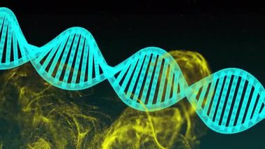 Başlangıçta, sarı parçacıklar biyomedikal süreci görselleştirirken DNA sarmalı titreşiyor. Molekül, bilim, fütürist, dijital, biyoteknoloji, soyut, görselleştirme