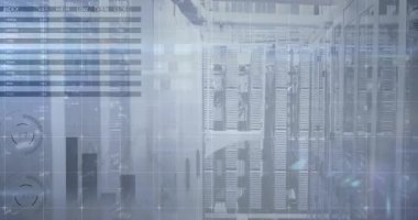 Nabız kesme işlemini başlat turta segmentlerini değiştir, çizgi grafiği sunucu raflarının yanında süpür. Teknoloji, veri görselleştirme, analitik, dijital altyapı, modern devre, yenilik