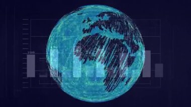 Kablo çerçeve küresinin ortalanması, veri akışlarını döndürürken ve güncellerken bar tablosunun kaybolmasına neden oluyor. Teknoloji, veri görselleştirme, analitik, dijital arayüz, fütüristik, soyut, ağ