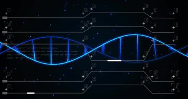 HUD verileri güncellerken sol sarmaldan salınan mavi dalga formu. Dijital, geleceksel, teknoloji, yenilik, veri, görselleştirme, bilim