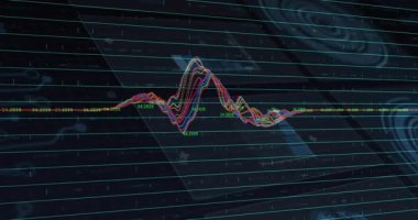 Oynatma başlatıldığında, çok renkli dalga biçimi büyüyor, eğilim analizi için geri çekiliyor ve etiketleniyor. Veri görselleştirme, dijital analiz, grafik çizimi, teknoloji, arayüz tasarımı, bilimsel, soyut sanat