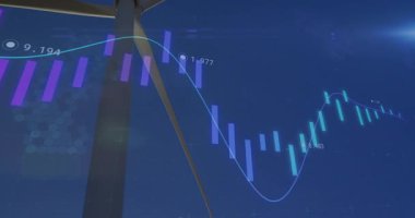 Türbin bıçağı dönmeye başlarken 3 boyutlu mor cyan çubuklar ve çizgi kayması pazar eğilimini gösteriyor. Yenilenebilir, sürdürülebilirlik, enerji, yenilik, dijital, teknoloji, gelecek