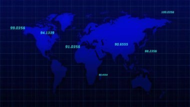 Kamera, dijital dünya haritasını döndürerek 3 boyutlu ızgarayı düzleştirirken etiketleri solduruyor ve verileri tazeliyor. Teknoloji, veri görselleştirme, analitik, dijital arayüz, fütürizm, nöral ağlar, bilgi tasarımı