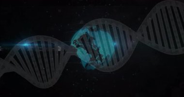 Gri sarmallar içeri süzülürken ve açılırken aynı zamanda titreşen fişekler, dönen mavi kürede verileri gösteriyor. Bilim, teknoloji, yenilik, fütürizm, dijital, ağ, soyut