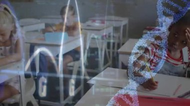 Başlangıçta öğrenciler sınıfta notlar yazarken şeffaf DNA sarmalları ve dalga biçimi titreşimleri örtüyor. Eğitim, teknoloji, bilim, yenilik, odaklanma, öğrenme, işbirliği