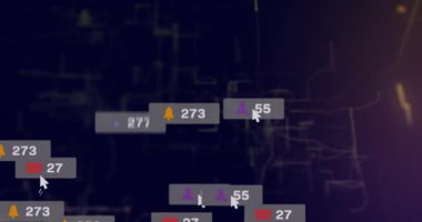 Ağ hatları zayıflıyor, sonra simgeler yüzüyor, artan sayılar, dizilen çiftler, ekran dışına sürükleniyor. Dijital, fütüristik, canlı, bağlantı, sosyal, teknoloji, arayüz