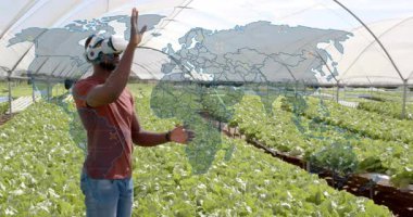 Marul yetiştirme uzmanı el kaldırma AR haritasını ortaya çıkarıyor, verileri tarıyor ve yakınlaştırıyor. Güçlendirme, hidroponik, hassas tarım, kentsel tarım, veri analizi, yenilik, sürdürülebilirlik