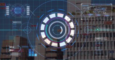 Merkezi holografik arayüzü ön cephede, ızgara hatları, harita, veri pencereleri, oynat düğmesi ile gösteriliyor. Gelecekçi, teknoloji, yenilik, dijital, arayüz, kentsel, veri