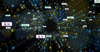 Veri noktaları ve metrik etiketlerin sanal uzayda dijital girdap oluşturulması, akış ölçümleri. Teknoloji, yenilik, dijital, siber alan, fütüristik, bağlantı, analitik