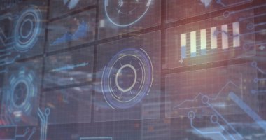 Teknoloji laboratuvarında holografik veri arayüzü gösteriliyor. Konsantrasyon göstergeleri, bar çizelgesi ve çizgi grafiği var. Futuristik, dijital, görselleştirme, teknoloji, yenilik, arayüz, veri analizleri