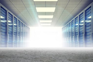 Çöl ortamında dijital olarak oluşturulan sunucu koridoru