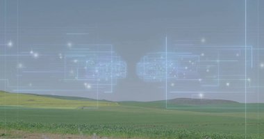 İki yarı şeffaf ağ sanal bağlantıyla tarım arazisi üzerinde süzülürken görüntüleniyor. Gelecek, bağlantı, teknoloji, minimalizm, manzara, yenilik, dijital