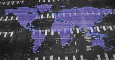 Süslemeli bar grafikleri, çizgi grafikleri ve dairesel göstergelerle gösterilen mor dünya haritası. Teknoloji, veri görselleştirme, analitik, gösterge paneli, gelecekçi, dijital, grafik tasarımı