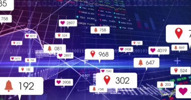 Sanal ağ ızgarası üzerinde veri örtülü sayısal etiketleri gösteren yüzen bildirim simgeleri. Fütüristik, dijital, teknoloji, analitik, bağlantı, veri, soyut