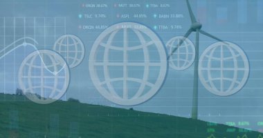 Kırsal yamaçlarda dönen rüzgar türbini, dünya simgeleri, çizgi çizelgeleri, hisse senetleri, kopyalama alanı. Sürdürülebilirlik, yenilenebilirlik, güneş, teknoloji, çevre dostu, yenilikçi, manzara