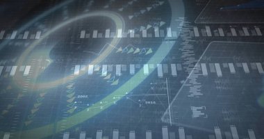 Işık yolları, ok işaretleyicileri ve yıl etiketli çubuk ve çizgi grafiklerini gösteren dijital gösterge paneli. Teknoloji, analitik, veri, fütüristik, arayüz, dijital, yenilik