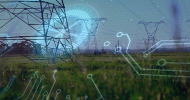 Yüzen devre HUD iletim kulesini güç hatlarıyla izleme, kopyalama alanı. Enerji, altyapı, teknoloji, bağlantı, sürdürülebilirlik, veri görselleştirme, kırsal alan