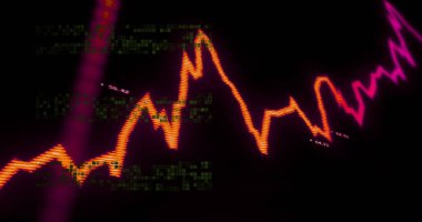 Sanal uzayda hareket eden neon çizelge dalgalanması, kod matrisi, mor ışık ve veri noktaları. Fütürist, dijital, enerjik, soyut, yenilikçi, teknoloji, analitik