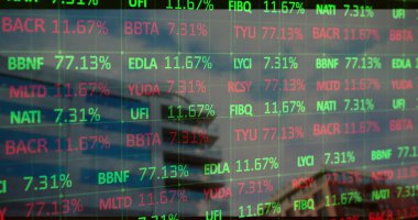 Ofiste çelik kirişlerle, hisse senedi sembolleri ve yüzdeleri gösteren şeffaf bir saat gösteriliyor. Futuristik, finansal, teknoloji, kurumsal, veri görselleştirmesi, yüksek katlı, profesyonel