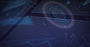 Izgara tabanı ve veri kümeleri ile gösterge panelinde dönen dairesel HUD ögesi gösteriliyor. Futuristik, teknoloji, arayüz, veri görselleştirme, dijital, analitik, siber