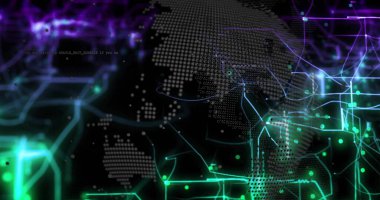 Noktalı kıtalar, neon devreler, parlayan düğümler ve soluk ızgaralarla siber uzay haritası gösteriliyor. Gelecek, teknoloji, yenilik, bağlantı, dijital, ağ, siber