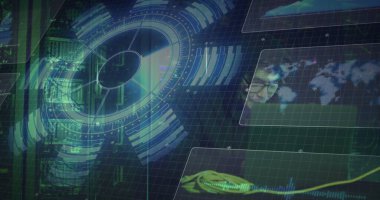 Harita grafik portresi gösteren raf ya da panellerle veri merkezinde hologram arayüzü yansıtılıyor. Futuristik, teknoloji, veri, görselleştirme, dijital, yenilik, analitik