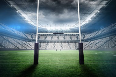 Düz tasarım grafikleri açık hava ragbi stadyumunda kale direkleri, işaretli saha ve projektörler yer alıyor. Spor, arena, mimari, kalabalık, ışıklandırma, eğlence, etkinlik