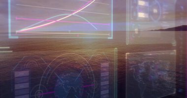 Alacakaranlık ufkunda, çizgi çizelgesi ve dünya diyagramı ile birlikte sakin denizi kaplayan dijital örtüler gösteriliyor. Fütüristik, teknoloji, veri görselleştirme, analitik, okyanus, sakin, veri göstergesi